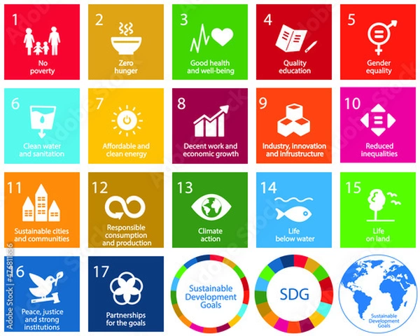 Obraz 17 Sustainable Development Goals set by the United Nations General Assembly, Agenda 2030. Isolated icon set. Vector illustration EPS 10