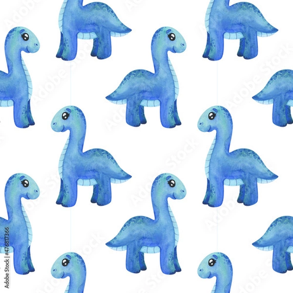 Fototapeta Seamless pattern with blue dinosaurs . Watercolor diplodocus on a white background, sample dino print for fabric, textiles, wallpaper, packaging, paper