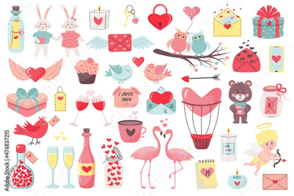 Fototapeta Valentine's Day love symbols big set. Kit of love icons such as envelops, cupid, gifts, bunnies, bear, birds, flamingo, bottles with heart and other.