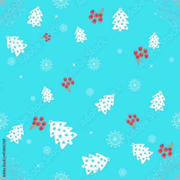 Fototapeta New Year and Merry Christmas seamless pattern  with christmas  toys, tree and snowflakes. Vector illustration. Design wallpaper, fabrics, postall packaging.