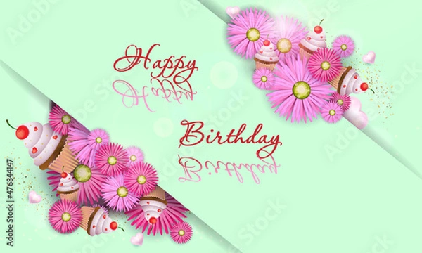 Fototapeta Happy birthday sale background with  beautiful flowers, hearts and cakes. Vector illustration. 