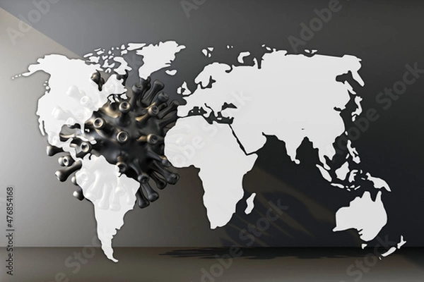 Fototapeta earth map mockup on blackcoronavirus bacteria lit by ray of light