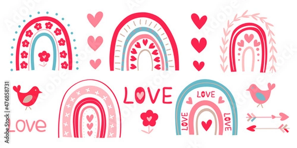 Obraz Rainbow, heart, flowers, birds. Vector illustration. 