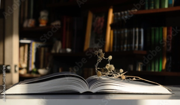 Obraz Sunlit bookshelves in the background. An open book is on the table. A twig of a dry plant lies on the book