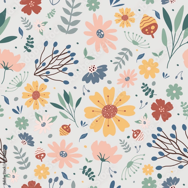 Fototapeta Seamless pattern, floral decorative elements. Use seamless patterns for fabric, wrapping paper and home décor like pillow covers, curtains or wallpaper. Use them on accessories like phone covers.