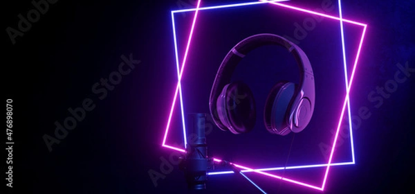 Fototapeta Neon Glowing Red Blue Circle Lights Microphone Closeup Headphones Music Studio Vibrant Electric Synth Wave Club Podcast Performance Show Event Empty Room Shiny Stage Podium Concert 3D Rendering 