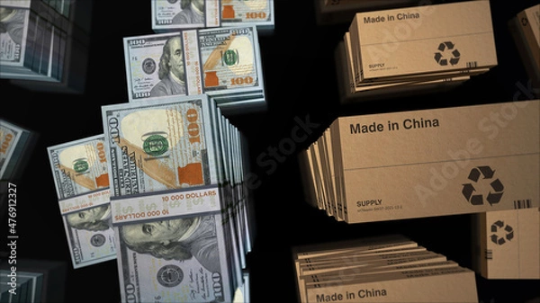 Fototapeta Made in China box and Dollar pack loop 3d illustration
