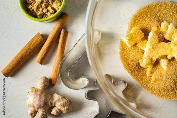 Fototapeta Gingerbread ingredients and accessories for making ginger dough.