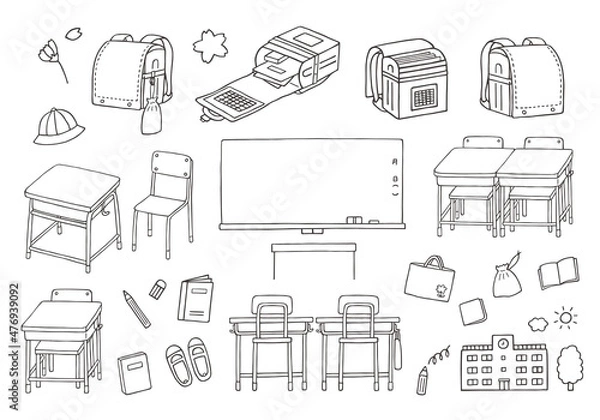 Fototapeta 小学校にまつわる手描きイラストセット（モノクロ）