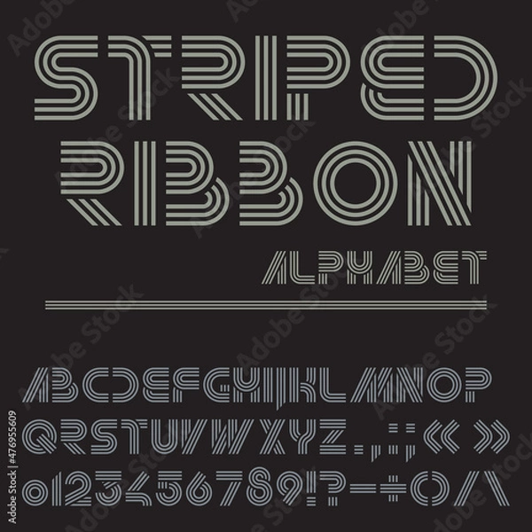 Fototapeta Vector font from striped ribbons. Monochrome alphabet. Letters, numbers and punctuation marks on a black background.