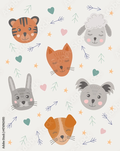 Fototapeta Cute funny little animals faces in Scandinavian style. Kids color zoo elements set. Hand drawn childish cartoon poster with faces of animals: tiger, sheep, koala, dog, hare, fox.