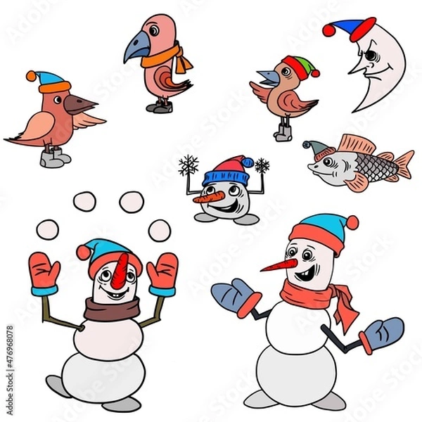Obraz Cute character snowman for Christmas and New Years holiday. Vector illustration.