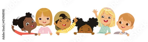 Fototapeta Happy multicultural children hold a blank poster. Template for advertising brochure. Cute little kids on a white background panorama template. Funny cartoon character. Vector cartoon illustration