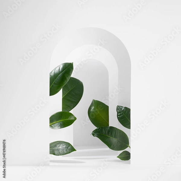 Fototapeta Abstract summer scene template for presentation cosmetic product, design, advertising with white arches as gate or podium with green leaves, sunlight, shadows in elegant floral tropical style, square.