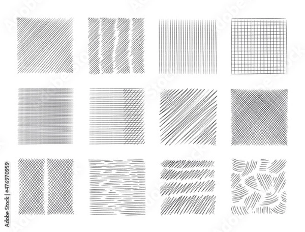 Fototapeta Pencil sketch line. Pen scribble effects. Doodle freehand sketchy clipart. Messy hand drawn monochrome pattern. Square shapes with outline ornaments. Vector black hatching textures set