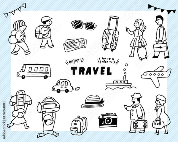 Fototapeta みんなで旅行に行こう！乗り物やトラベルアイテムたくさんセット