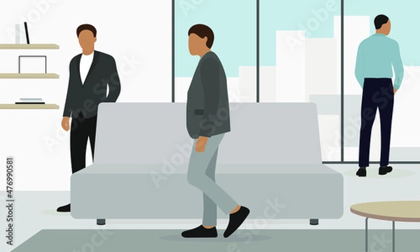 Fototapeta Three male characters in business attire stand in a room with furniture and a panoramic window