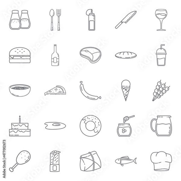 Fototapeta Best Collection of Food & Drink Icons with Outline Style Includes Burger, Spoon & Fork, Meat, Wine, Pizza, Fish Perfect For Templates, Youtube Thumbnails, Instagram & Facebook Post, Marketing Ads.