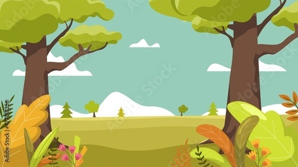 Fototapeta Autumn landscape with trees, mountains, fields, leaves Vector illustration