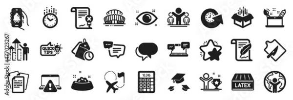 Fototapeta Set of Business icons, such as Talk bubble, Star, Throw hats icons. Dog feeding, Open box, Destination flag signs. Employee results, Calculator, Documents. Time management, Text message. Vector
