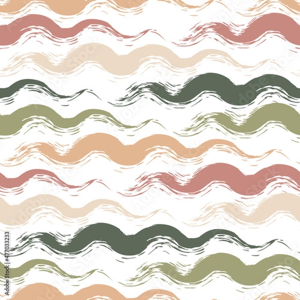 Obraz Hand-drawn seamless geometric pattern with colorful grunge texture. Multi-colored wavy stripes on white background. Vector background for printing on fabric, gift wrapping, covers, wallpapers.