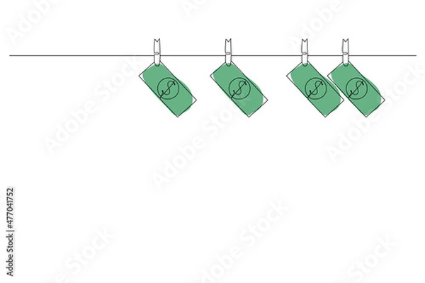 Obraz Continuous line drawing, Dollar bill hanging on rope attached with clothes pins. Money-laundering concept illustration of finance and business. Vector illustration.