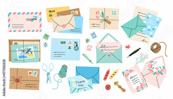 Fototapeta Set of various envelopes, letters, stamps and postal stationery. Vector illustration of mail items such as kraft paper envelopes, letter stack, postcards. Hand drawn elements in flat cartoon style.
