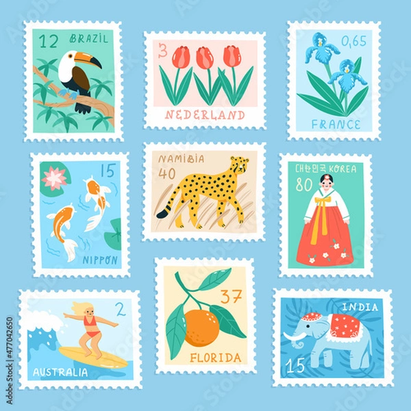 Fototapeta Set of postage stamps of various countries of the world. Hand drawn vector stamps depicting symbols of Japan, Australia, Netherland, etc. Cute cartoon style.
