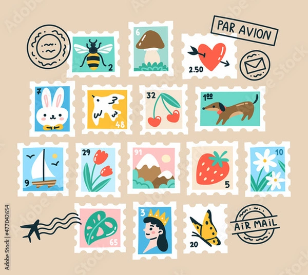 Obraz Set of vector postage stamps and postmarks depicting animals, berries, insects, flowers. Hand drawn mail markings in cartoon style.