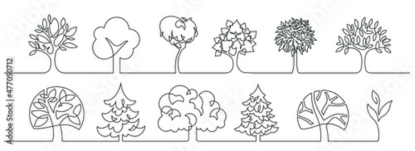 Fototapeta Set of trees - continuous line drawing. Vector illustration