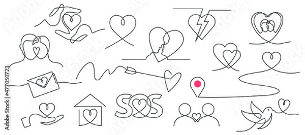 Fototapeta Set of doodles with hearts - continuous line drawing. Vector illustration.