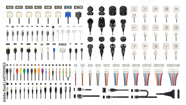 Obraz A collection of connectors, plugs, sockets, jacks and cables for different devices. Detailed realistic illustrations.