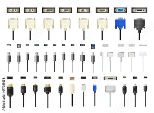 Obraz A collection of connectors and cables for computers, smartphones and other devices. Detailed realistic illustrations.