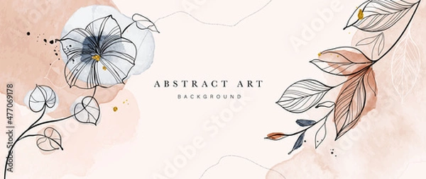 Fototapeta Abstract art botanical background vector. Luxury wallpaper design with women face, leaf, flower and tree  with earth tone watercolor and gold glitter. Minimal Design for text, packaging and prints.