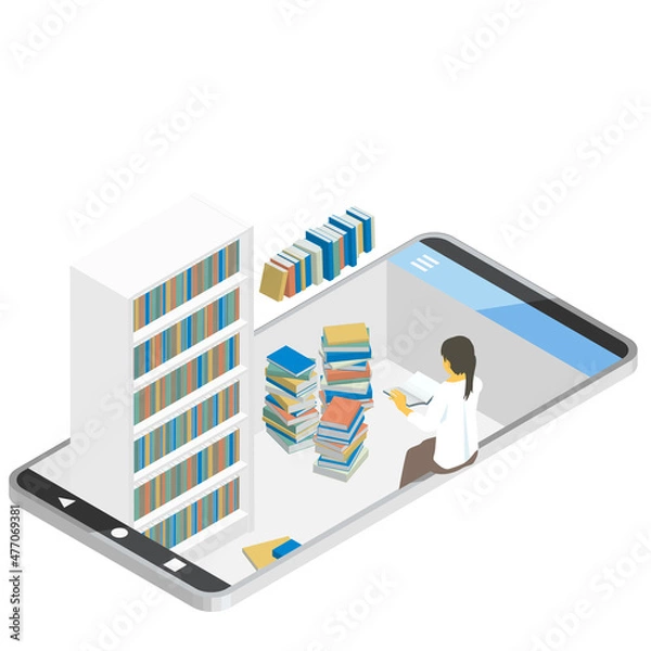Obraz アイソメトリック スマートフォンに電子書籍をダウンロードする 電子図書室で本を読む人のイメージイラスト ベクター