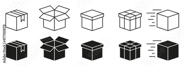 Fototapeta Cardboard Boxes Line and Silhouette Icon Set. Open and Closed Parcel Collection Icon. Delivery icon. Carton Boxes. Editable Stroke. Isolated Vector Illustration