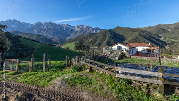 Fototapeta The Camino Lebaniego near Potes in Cantabria, Spain. World Heritage pilgrimage route. 