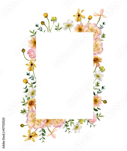 Fototapeta Hand-drawn watercolor floral frame with pink yellow roses, peonies, greenery. Spring, summer garden flowers border template isolated on white background for wedding invitations, cards