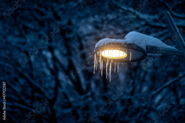 Obraz Icicles on a street lamp in the winter forest