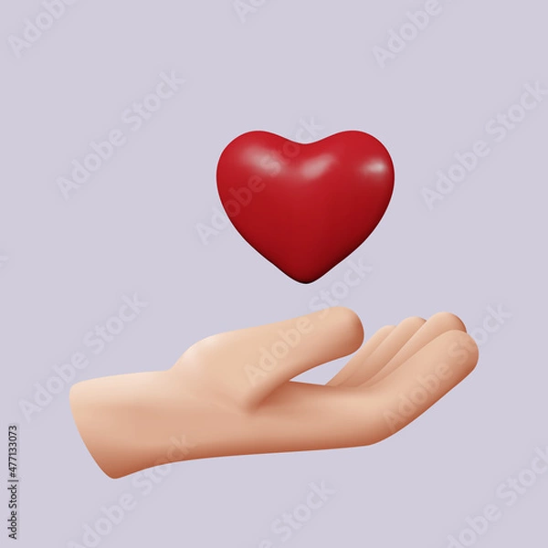 Fototapeta 3D icon of a hand holding a heart. The concept of love, health. Color vector illustration, realistic style. Isolated background. EPS10