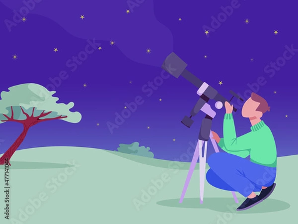 Fototapeta Astronomer with telescope spectates, looks to the night sky. Man searching for star, planet, milky way, galaxy, meteor shower in nature observatory. Outdoor hobby. Colorful cartoon vector illustration