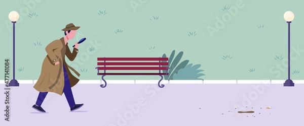 Fototapeta Vector illustration of detective, inspector, agent, spy investigates crime scene, case. Man with magnifier. Search, follow, track mystery murderer, evidence. Colorful cartoon style banner. 