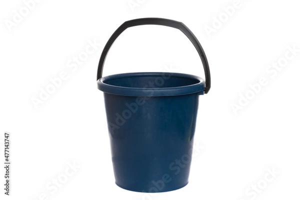 Fototapeta empty blue plastic bucket with black handle on white isolated background