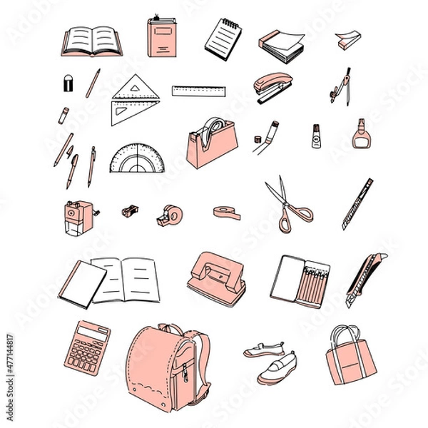 Obraz 学校で使う文房具セット（シンプル、手描き）