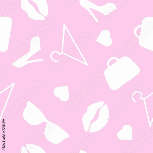 Obraz Fashion Pink Seamless Pattern. Vector seamless pattern or background with fashion elements, bags, kisses, hearts, shoes
