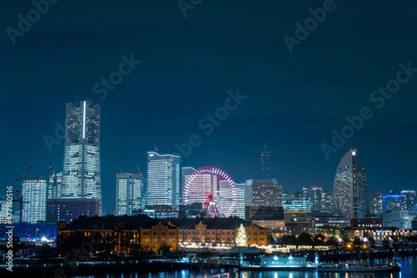 Fototapeta 神奈川県横浜市大さん橋から見たみなとみらいの全館点灯した夜景