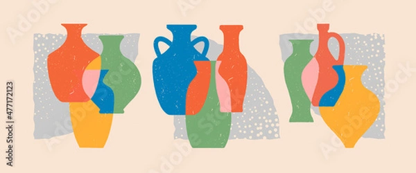 Obraz Ceramic vases. Different shapes colored layered silhouettes. Antique ancient ceramics. Vector illustrations.