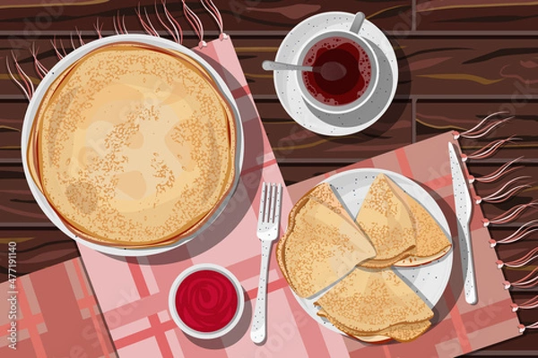 Fototapeta Vector illustration of top view of pancakes folded in triangle and in stack in white ceramic plates, jam and hibiscus tea in cup on saucer isolated on wooden table with coral towels.
