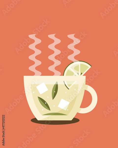 Fototapeta Refreshing tea with pieces of sugar, slice of lemon and mint in a cup flat simple vector icon isolated on red background