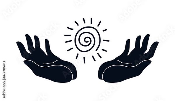 Obraz Black on white silhouette of open hands holding reiki energy symbol. Hand drawn concept of hands with healing energy. Vector illustration isolated on white background.